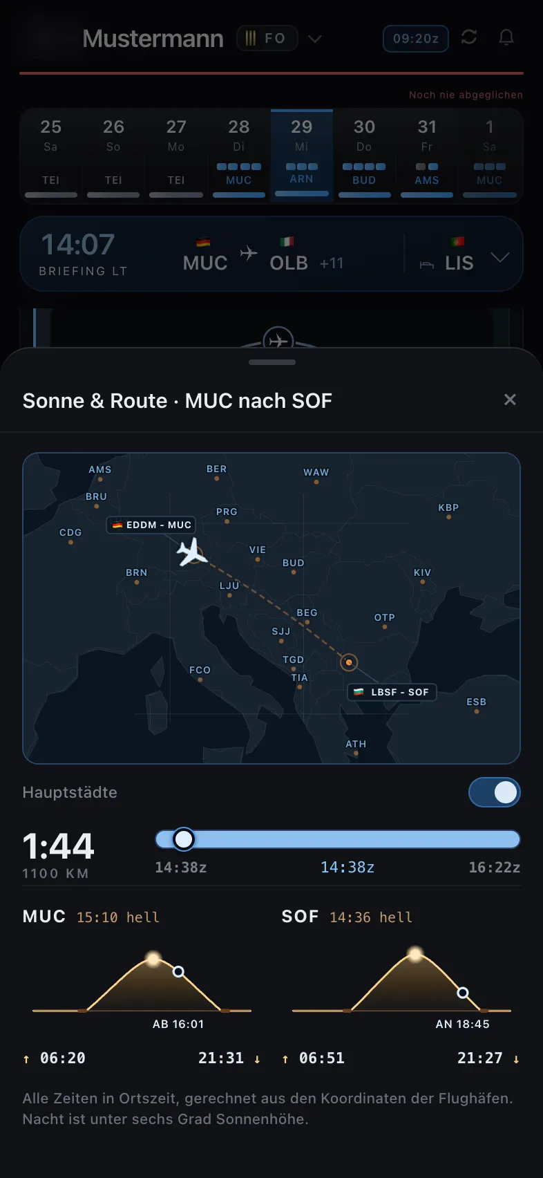 Sonnenaufgang und Sonnenuntergang an Start und Ziel, mit der Route auf der Karte