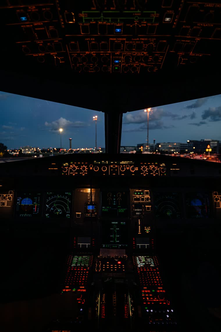 Beleuchtetes Airbus-Cockpit in der Dämmerung